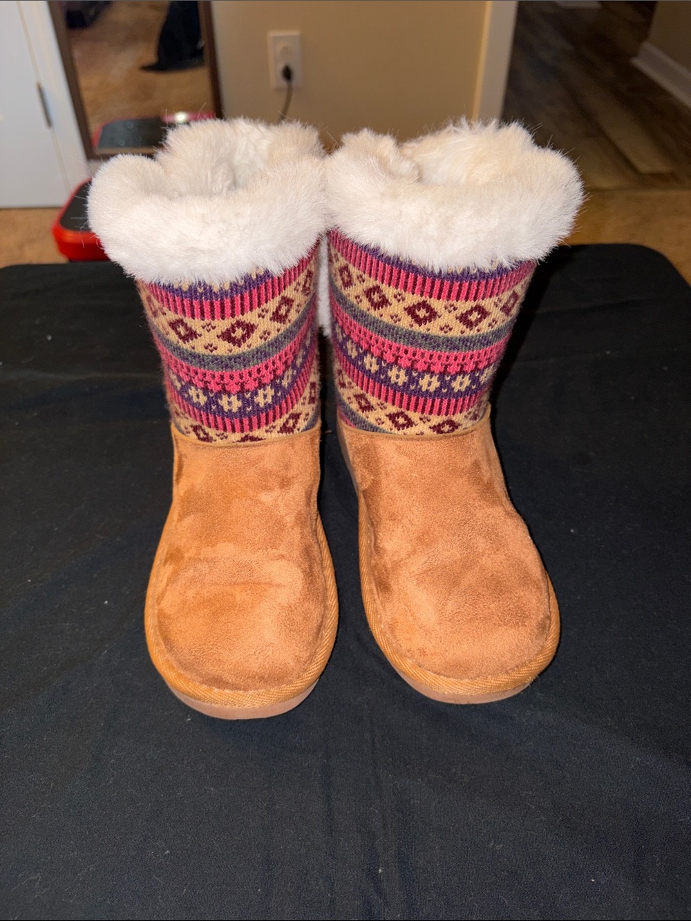 Sugar Girls Tan Suede Boots with Pink & Purple Knit Cuff